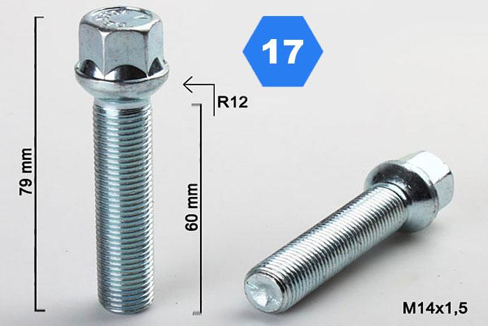 M14x1,5, Radius 12, Wielbout radius, Draadlengte 60mm, SW 17, o.a. Mercedes